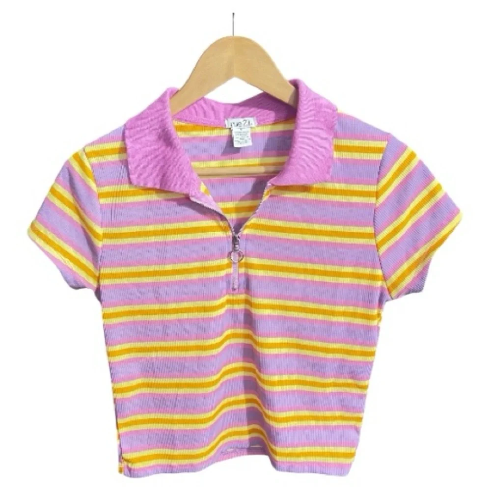 Rue 21 Y2K Pink Yellow Striped Ribbed Zip Crop Top